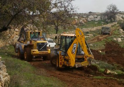 Israeli occupation bulldozers demolish a nursery in al-Samou town